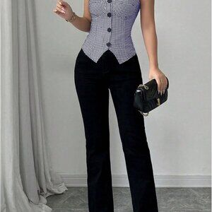 Ladies Houndstooth Print Button Front Tank Top